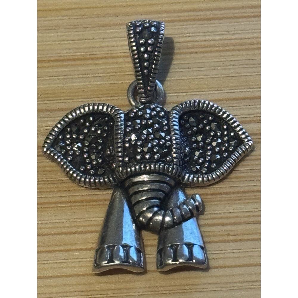 Vintage Sterling Silver Marcasite Elephant Pendant Signed Thai 925